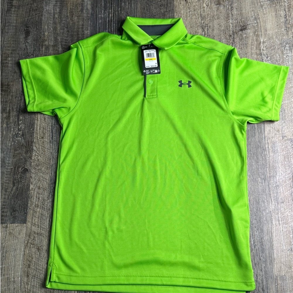 Under Armour Men's Medium Vibrant Green Collared Golf Polo T-Shirt Black Logo